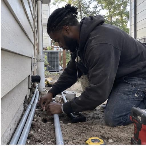 Electrician fitting conduit along the exterior siding of a home.