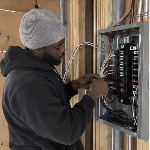 Electrician working on wiring inside an open electrical panel beside exposed wall framing.