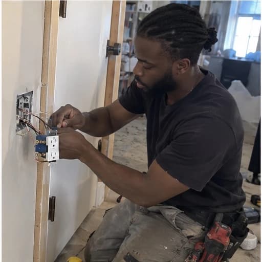 Electrician fitting an outlet into a wall box beside a doorway.